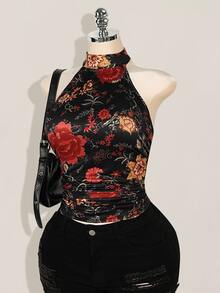 SHEIN ICON 加大码 Y2K 夏季外出波西米亚风西部乡村音乐会女式性感露背花卉印花挂脖上衣，夏季 - 黑色 - 查看 7