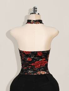 SHEIN ICON 加大码 Y2K 夏季外出波西米亚风西部乡村音乐会女式性感露背花卉印花挂脖上衣，夏季 - 黑色 - 查看 8