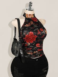 SHEIN ICON 加大码 Y2K 夏季外出波西米亚风西部乡村音乐会女式性感露背花卉印花挂脖上衣，夏季 - 黑色 - 查看 6