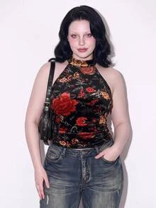 SHEIN ICON 加大码 Y2K 夏季外出波西米亚风西部乡村音乐会女式性感露背花卉印花挂脖上衣，夏季 - 黑色 - 查看 3