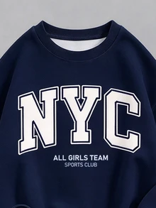 時尚復古純色海軍藍，極簡百搭 NYC 字母印花，女童休閒抓絨圓領套頭衛衣與內搭褲 2 件套，秋冬新款，適合日常、出遊、校園、運動，隨性時髦美式街頭甜酷休閒風 - 白色 - 查看 8