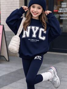 時尚復古純色海軍藍，極簡百搭 NYC 字母印花，女童休閒抓絨圓領套頭衛衣與內搭褲 2 件套，秋冬新款，適合日常、出遊、校園、運動，隨性時髦美式街頭甜酷休閒風 - 白色 - 查看 3