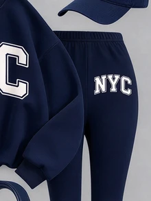 時尚復古純色海軍藍，極簡百搭 NYC 字母印花，女童休閒抓絨圓領套頭衛衣與內搭褲 2 件套，秋冬新款，適合日常、出遊、校園、運動，隨性時髦美式街頭甜酷休閒風 - 白色 - 查看 6