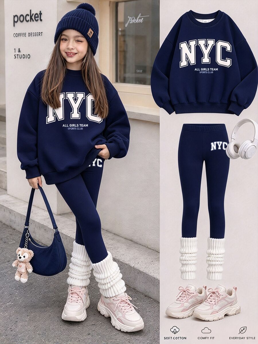 時尚復古純色海軍藍,極簡百搭 NYC 字母印花,女童休閒抓絨圓領套頭衛衣與內搭褲 2 件套,秋冬新款,適合日常、出遊、校園、運動,隨性時髦美式街頭甜酷休閒風 - 白色 - 查看 1