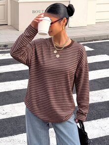 Muchica 女款棕色條紋露背綁帶長袖T恤，適合外出、返校、街頭穿搭、露背上衣、秋季上衣，適用於日常通勤、聚會、秋冬/夏季、聖誕節、新年、感恩節、派對、婚禮、海灘、畢業典禮、優雅、約會、通勤、情人節、度假 - 彩色 - 查看 3