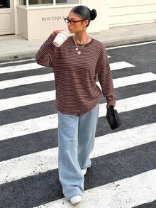 Muchica 女款棕色條紋露背綁帶長袖T恤，適合外出、返校、街頭穿搭、露背上衣、秋季上衣，適用於日常通勤、聚會、秋冬/夏季、聖誕節、新年、感恩節、派對、婚禮、海灘、畢業典禮、優雅、約會、通勤、情人節、度假 - 彩色 - 查看 5