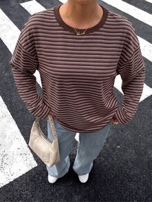 Muchica 女款棕色條紋露背綁帶長袖T恤，適合外出、返校、街頭穿搭、露背上衣、秋季上衣，適用於日常通勤、聚會、秋冬/夏季、聖誕節、新年、感恩節、派對、婚禮、海灘、畢業典禮、優雅、約會、通勤、情人節、度假 - 彩色 - 查看 2
