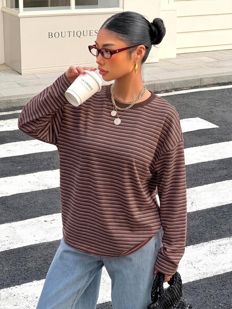 Muchica Women's Brown Striped Backless Tie Long Sleeve T-Shirt, Suitable For Outings, Back To School, Streetwear, Backless Top, Autumn Top, Suitable For Daily Commute, Gatherings, Autumn/Winter/Summer, Christmas, New Year, Thanksgiving, Party, Wedding, Beach, Graduation Ceremony, Elegant, Outings, Dating, Commute, Valentine's Day, Elegant, Vacation - Multicolor - View 4