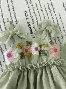 SHEIN LMoss Kids 2件套女婴纯色刺绣休闲吊带背心和长裤套装 - 薄荷綠 - 查看 4