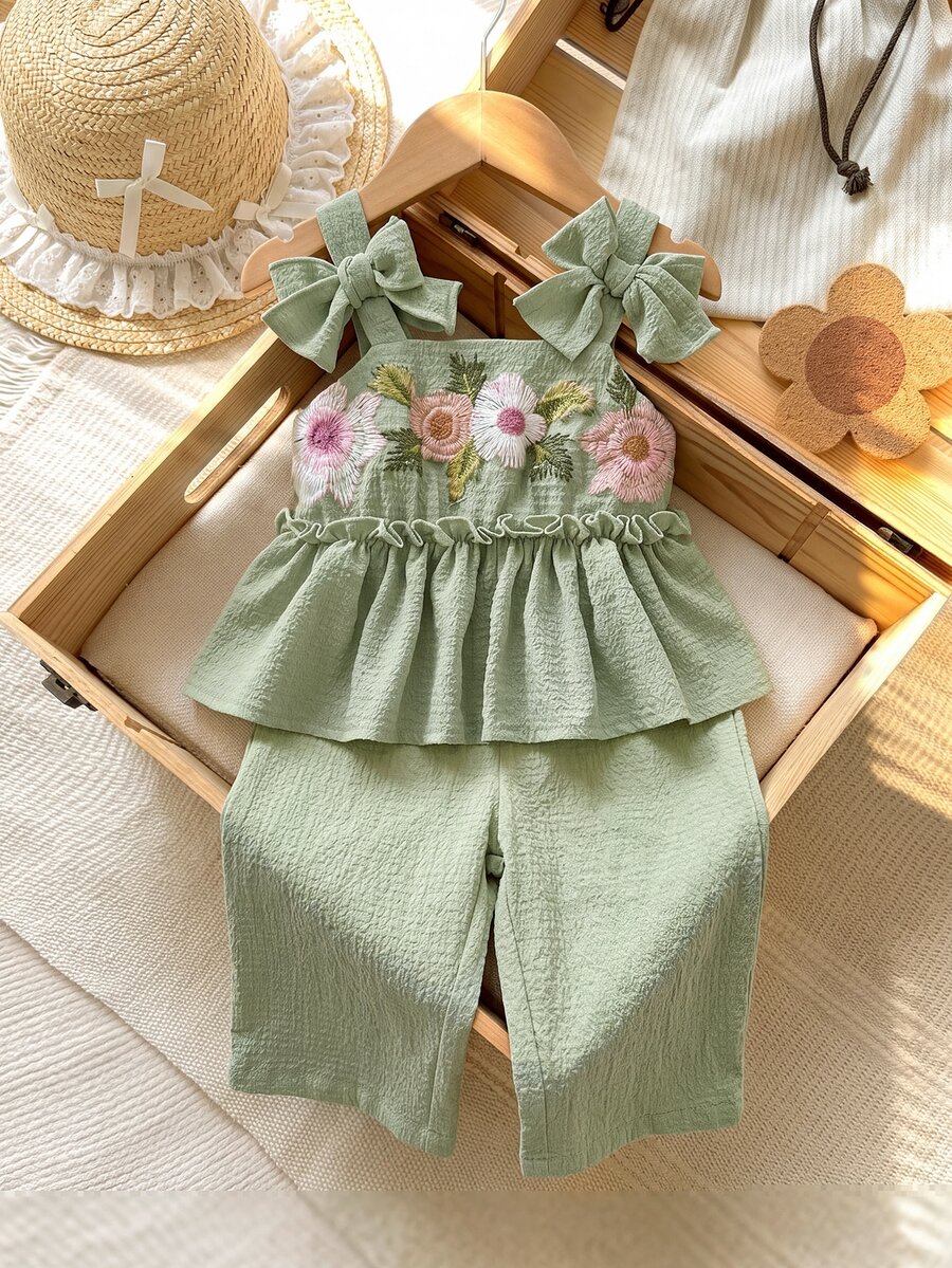 SHEIN LMoss Kids 2件套女婴纯色刺绣休闲吊带背心和长裤套装 - 薄荷綠 - 查看 1