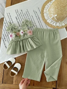 SHEIN LMoss Kids 2件套女婴纯色刺绣休闲吊带背心和长裤套装 - 薄荷綠 - 查看 3