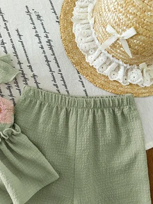 SHEIN LMoss Kids 2件套女婴纯色刺绣休闲吊带背心和长裤套装 - 薄荷綠 - 查看 5