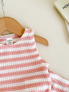 SHEIN LMoss Kids Baby Girl Casual Summer Cute Striped Tank Top And Elastic Waist Shorts Set - Dusty Pink - View 6