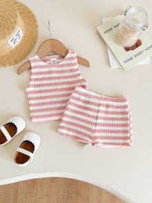 SHEIN LMoss Kids Baby Girl Casual Summer Cute Striped Tank Top And Elastic Waist Shorts Set - Dusty Pink - View 7