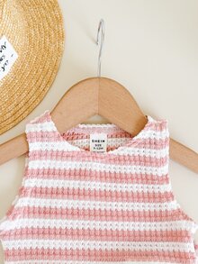 SHEIN LMoss Kids Baby Girl Casual Summer Cute Striped Tank Top And Elastic Waist Shorts Set - Dusty Pink - View 4