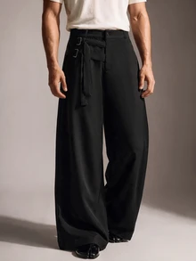 FeverCity Men's Solid Color Urban Renaissance Street Style Casual Fashion Creative Personalized Streetwear Pants - Black - View 2