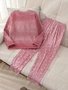 SHEIN 女童睡衣，可愛秋冬深粉色刷毛睡衣套裝，青少年長袖上衣與長褲，雲朵與微笑刺繡，星空居家休閒服 - 珊瑚粉 - 查看 2