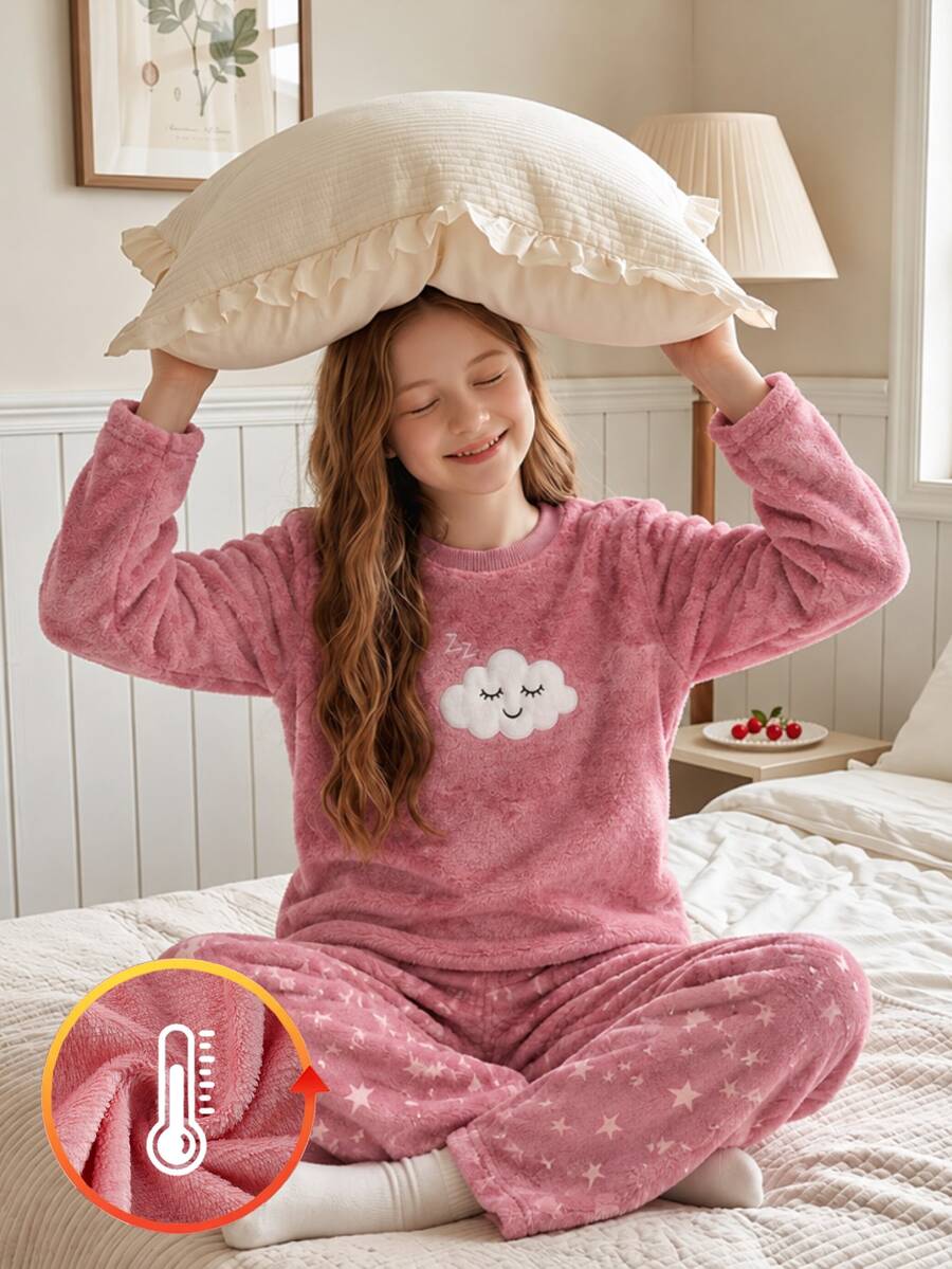 SHEIN 女童睡衣,可愛秋冬深粉色刷毛睡衣套裝,青少年長袖上衣與長褲,雲朵與微笑刺繡,星空居家休閒服 - 珊瑚粉 - 查看 1