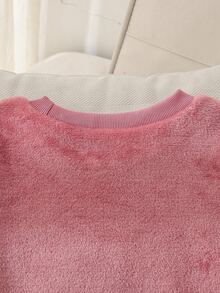 SHEIN 女童睡衣，可愛秋冬深粉色刷毛睡衣套裝，青少年長袖上衣與長褲，雲朵與微笑刺繡，星空居家休閒服 - 珊瑚粉 - 查看 7
