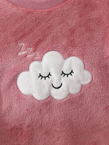 SHEIN 女童睡衣，可愛秋冬深粉色刷毛睡衣套裝，青少年長袖上衣與長褲，雲朵與微笑刺繡，星空居家休閒服 - 珊瑚粉 - 查看 4