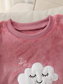 SHEIN 女童睡衣，可愛秋冬深粉色刷毛睡衣套裝，青少年長袖上衣與長褲，雲朵與微笑刺繡，星空居家休閒服 - 珊瑚粉 - 查看 8