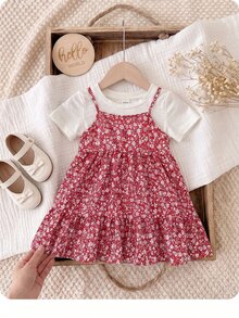 SHEIN LMoss Kids 女婴夏季可爱碎花吊带连衣裙和短袖针织上衣套装 - 紅色 - 查看 1