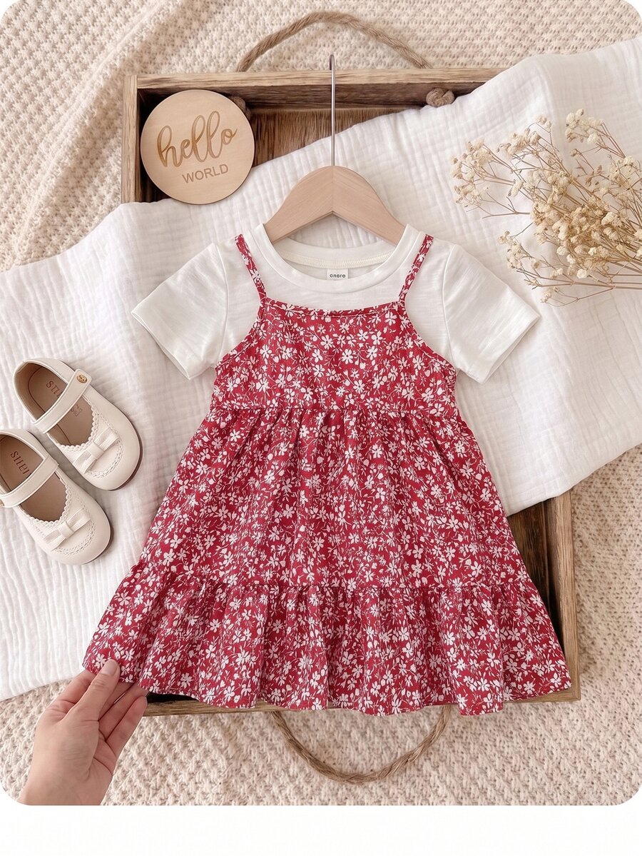 SHEIN LMoss Kids 女婴夏季可爱碎花吊带连衣裙和短袖针织上衣套装 - 紅色 - 查看 1