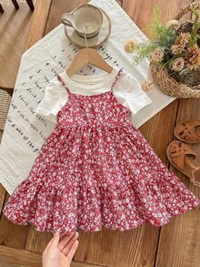 SHEIN LMoss Kids 女婴夏季可爱碎花吊带连衣裙和短袖针织上衣套装 - 紅色 - 查看 3
