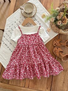 SHEIN LMoss Kids 女婴夏季可爱碎花吊带连衣裙和短袖针织上衣套装 - 紅色 - 查看 2