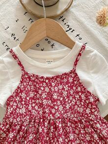 SHEIN LMoss Kids 女婴夏季可爱碎花吊带连衣裙和短袖针织上衣套装 - 紅色 - 查看 4