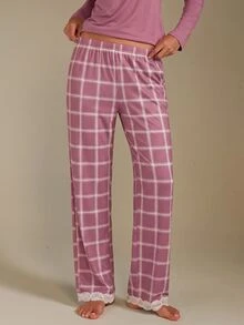 Athîral ZzzCrew Plaid Print V-Neck Colorblock Lace Long Sleeve Pants Pajama Set For Women - Dusty Pink - View 5