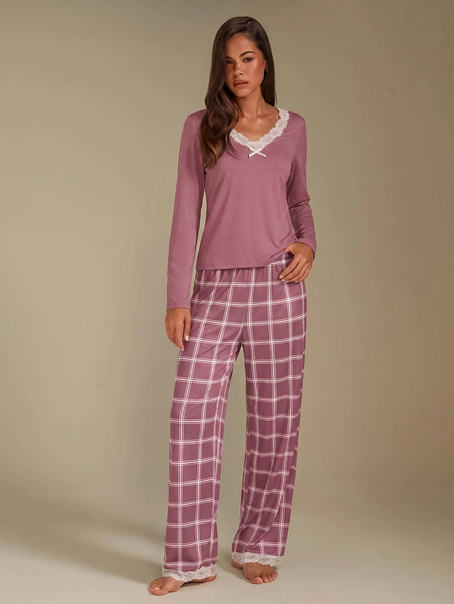 Athîral ZzzCrew Plaid Print V-Neck Colorblock Lace Long Sleeve Pants Pajama Set For Women - Dusty Pink - View 1