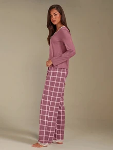 Athîral ZzzCrew Plaid Print V-Neck Colorblock Lace Long Sleeve Pants Pajama Set For Women - Dusty Pink - View 2