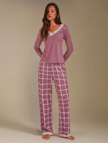 Athîral ZzzCrew Plaid Print V-Neck Colorblock Lace Long Sleeve Pants Pajama Set For Women - Dusty Pink - View 3
