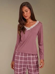 Athîral ZzzCrew Plaid Print V-Neck Colorblock Lace Long Sleeve Pants Pajama Set For Women - Dusty Pink - View 4