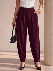 Xyvia Women's Elegant High Waist Double Button Decor Pleated Straight Leg Pants, Casual Suit Pants For Spring & Autumn Search Baggy - Red - View 1