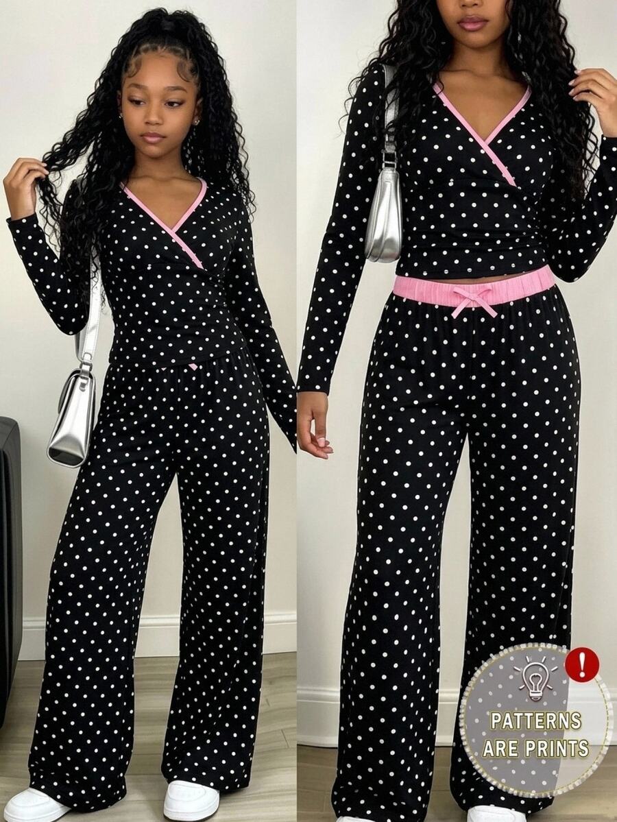 Tween Girls Tween Girl Tween Girl Polka Dot V-Neck Criss-Cross Long Sleeve Contrast Color Polka Dot Pants, Autumn/Winter - Black and White - View 1