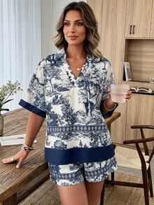Weeklong Conjunto de vacaciones casual de talla grande para mujer con estampado de bloques de color, primavera/verano - Multicolor - Ver 1