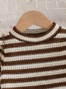 SHEIN Young Girls Retro Striped Matching Set, Long Sleeve Mock Neck Crop Top & Flared Trousers, Daily Fashion Girls 2Pcs Outfit For Autumn Winter - Multicolor - View 5