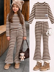 SHEIN Young Girls Retro Striped Matching Set, Long Sleeve Mock Neck Crop Top & Flared Trousers, Daily Fashion Girls 2Pcs Outfit For Autumn Winter - Multicolor - View 4
