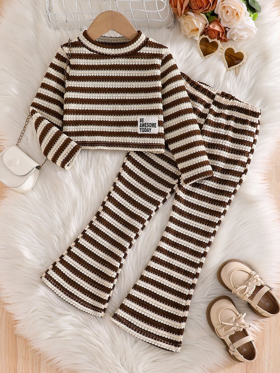 SHEIN Young Girls Retro Striped Matching Set, Long Sleeve Mock Neck Crop Top & Flared Trousers, Daily Fashion Girls 2Pcs Outfit For Autumn Winter - Multicolor - View 1