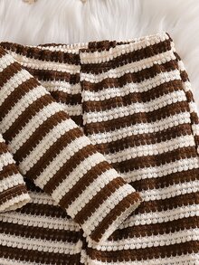 SHEIN Young Girls Retro Striped Matching Set, Long Sleeve Mock Neck Crop Top & Flared Trousers, Daily Fashion Girls 2Pcs Outfit For Autumn Winter - Multicolor - View 7