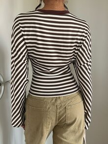 Aloruh 女款外出上衣 萬聖節聖誕節穿搭 西式百搭長袖條紋 T-shirt 棕色 - 咖啡棕 - 查看 2