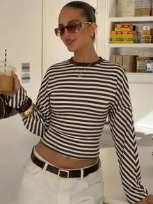 Aloruh 女款外出上衣 萬聖節聖誕節穿搭 西式百搭長袖條紋 T-shirt 棕色 - 咖啡棕 - 查看 4