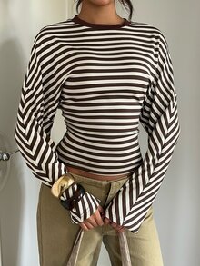 Aloruh 女款外出上衣 萬聖節聖誕節穿搭 西式百搭長袖條紋 T-shirt 棕色 - 咖啡棕 - 查看 5
