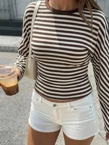Aloruh 女款外出上衣 萬聖節聖誕節穿搭 西式百搭長袖條紋 T-shirt 棕色 - 咖啡棕 - 查看 7