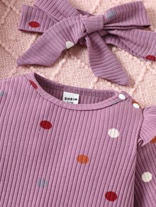 SHEIN Newborn Baby Purple Polka Dot Polka Dot Ruffled Sleeve Comfortable Knitted Jumpsuit Autumn Fall Going Family Matching Cute - Purple - View 7