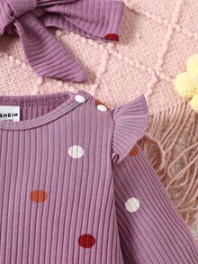 SHEIN Newborn Baby Purple Polka Dot Polka Dot Ruffled Sleeve Comfortable Knitted Jumpsuit Autumn Fall Going Family Matching Cute - Purple - View 8