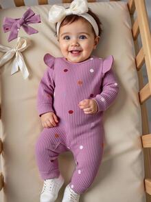 SHEIN Newborn Baby Purple Polka Dot Polka Dot Ruffled Sleeve Comfortable Knitted Jumpsuit Autumn Fall Going Family Matching Cute - Purple - View 4