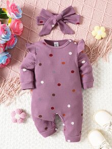 SHEIN Newborn Baby Purple Polka Dot Polka Dot Ruffled Sleeve Comfortable Knitted Jumpsuit Autumn Fall Going Family Matching Cute - Purple - View 6